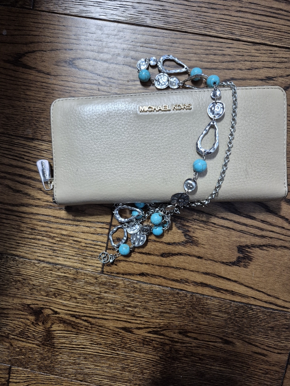 Michael Kors Beige Pebbled Leather Zip-Around Wallet with Gold Logo